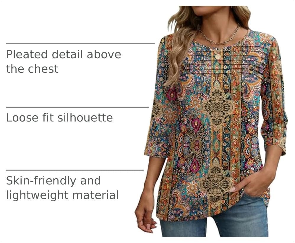 image:imageZeagoo Womens Tops 34 Sleeve Blouses Dressy Casual Shirt Pleated TunicBoho Multicolor 721
