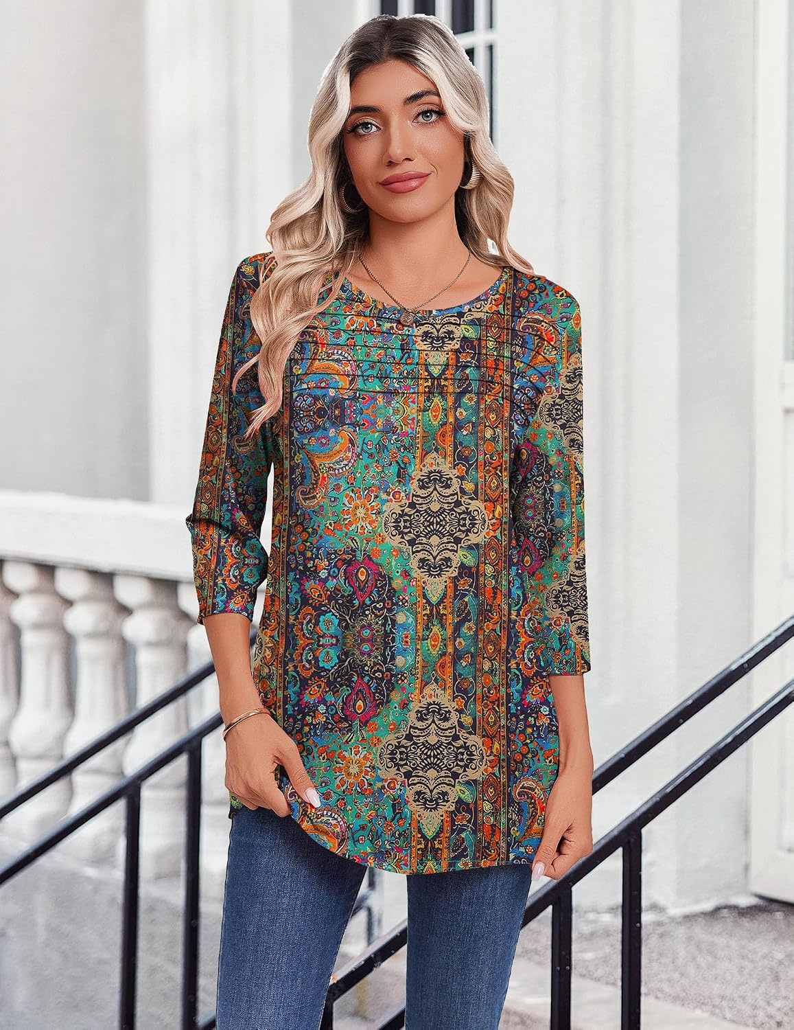image:imageZeagoo Womens Tops 34 Sleeve Blouses Dressy Casual Shirt Pleated TunicBoho Multicolor 721