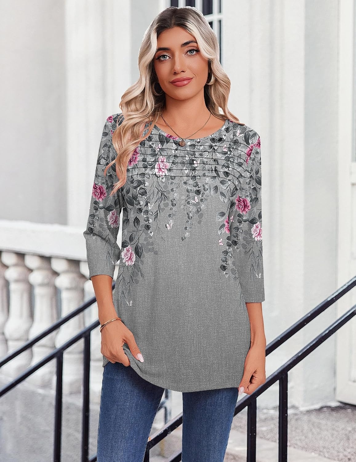 image:imageZeagoo Womens Tops 34 Sleeve Blouses Dressy Casual Shirt Pleated TunicFloral Grey 36