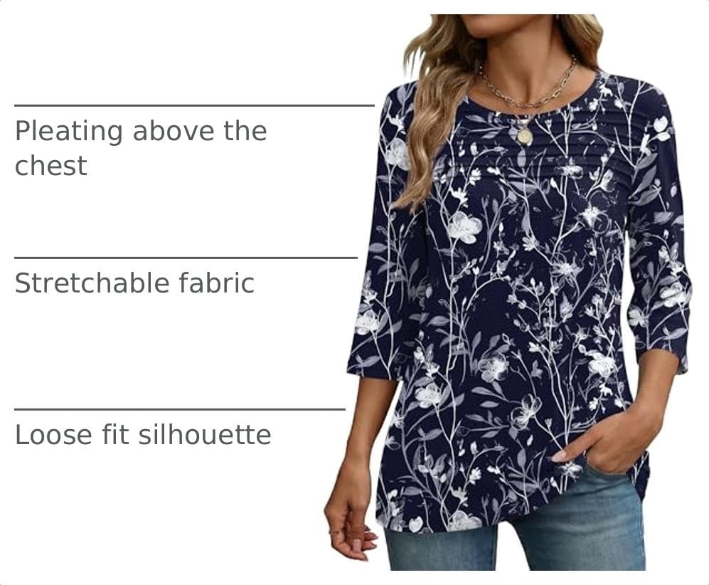 image:imageZeagoo Womens Tops 34 Sleeve Blouses Dressy Casual Shirt Pleated TunicFloral Navy 180