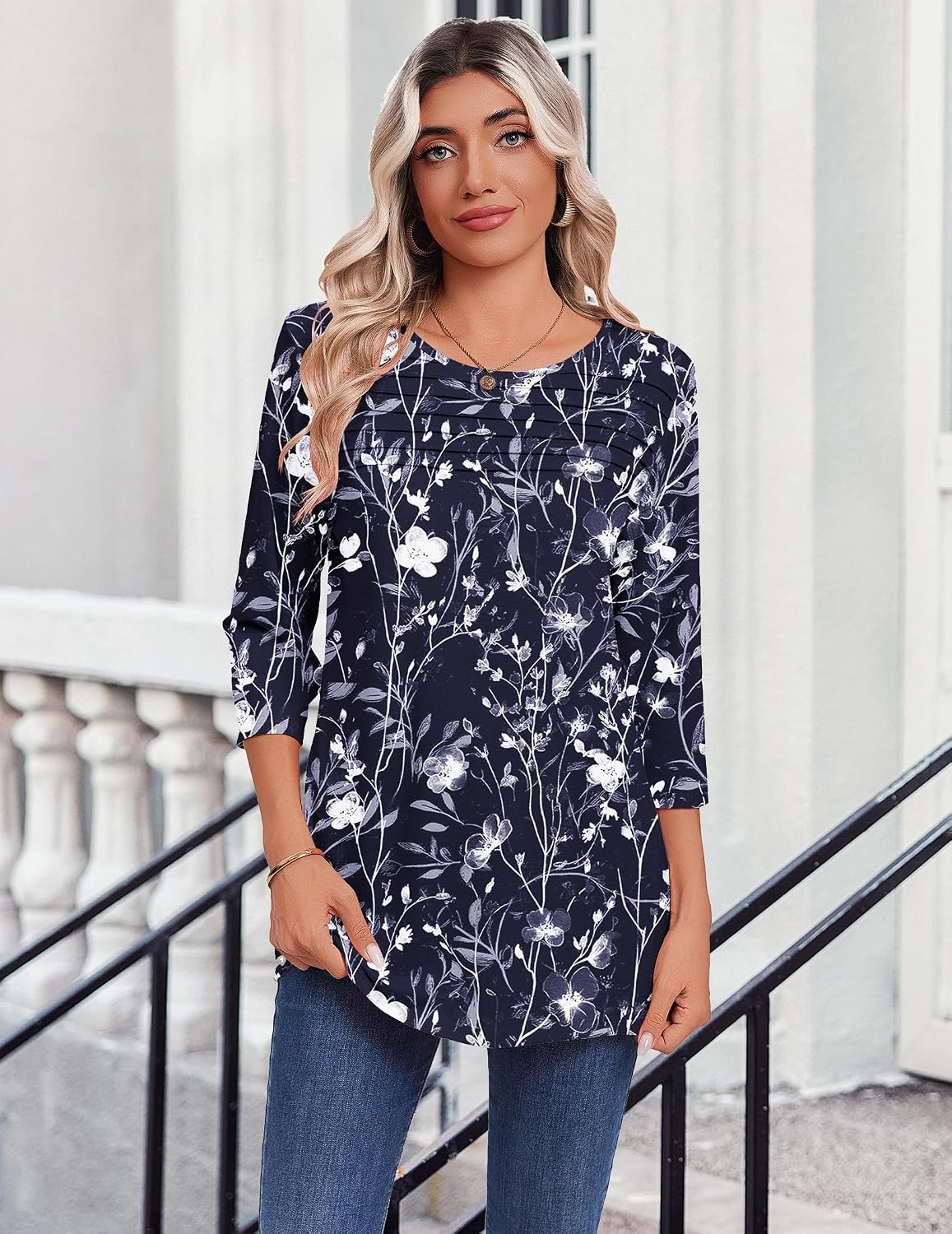 image:imageZeagoo Womens Tops 34 Sleeve Blouses Dressy Casual Shirt Pleated TunicFloral Navy 180