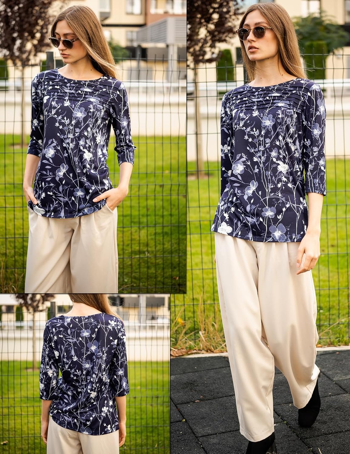 image:imageZeagoo Womens Tops 34 Sleeve Blouses Dressy Casual Shirt Pleated TunicFloral Navy 180
