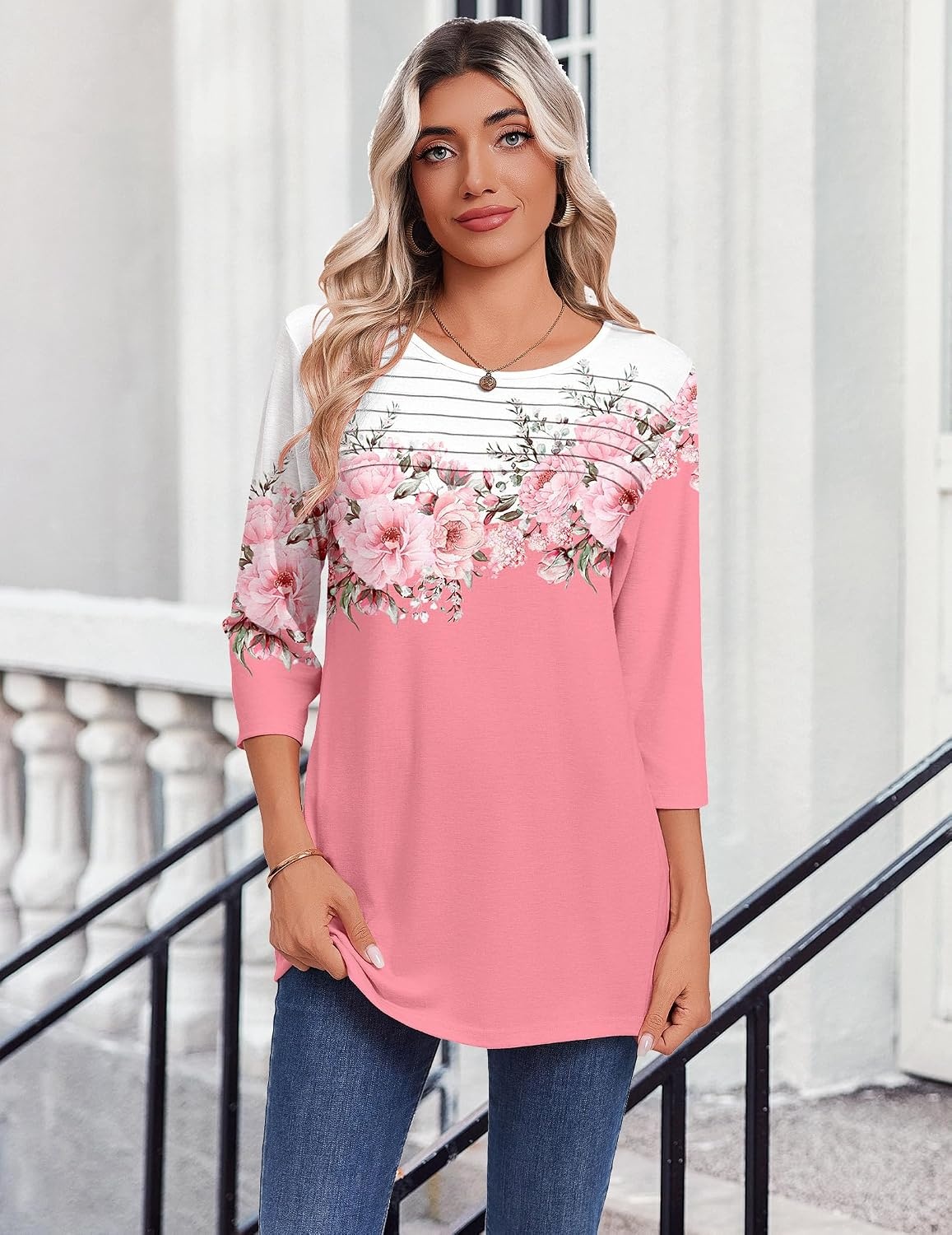 image:imageZeagoo Womens Tops 34 Sleeve Blouses Dressy Casual Shirt Pleated TunicFloral Pink 122