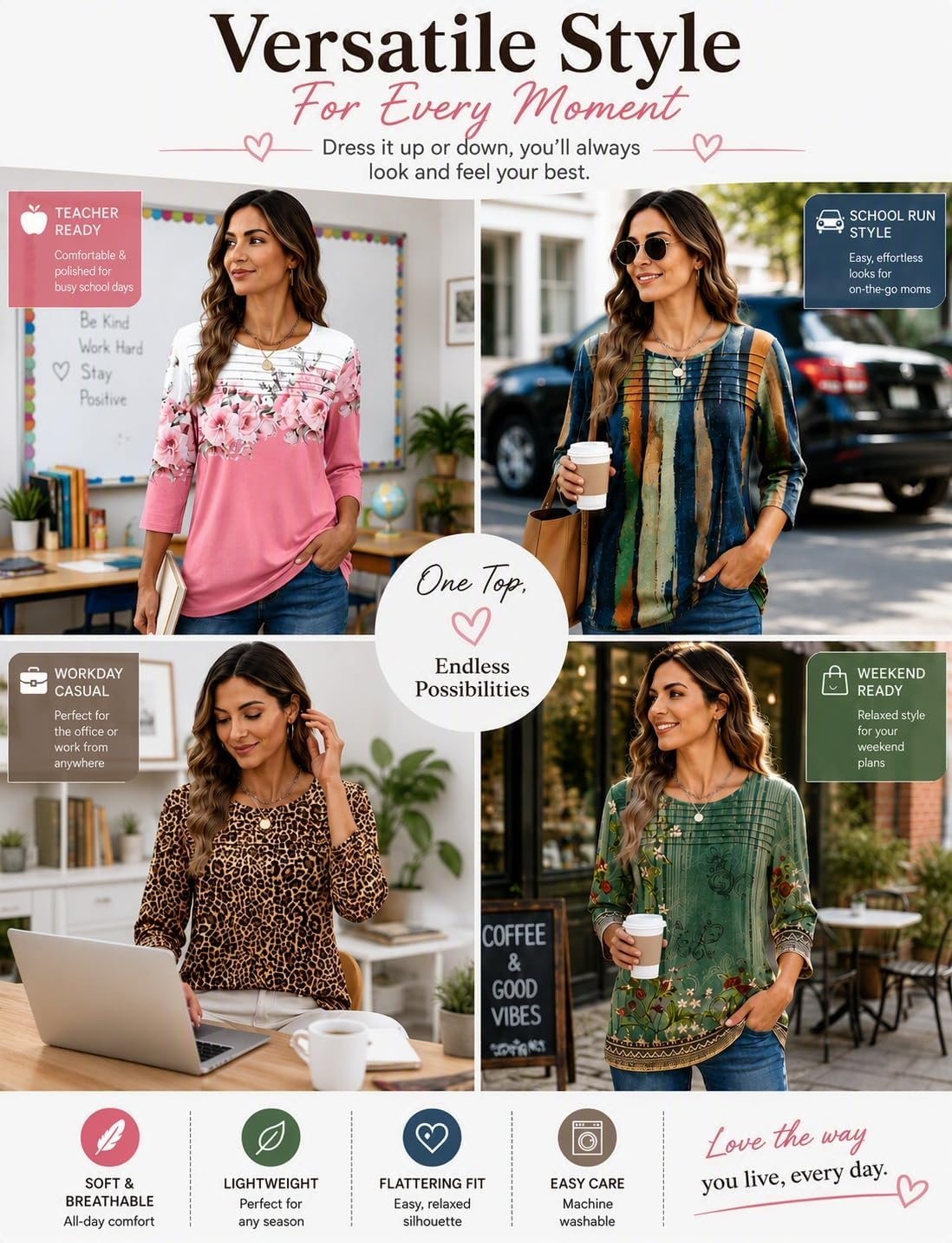 image:imageZeagoo Womens Tops 34 Sleeve Blouses Dressy Casual Shirt Pleated TunicFloral Pink 122