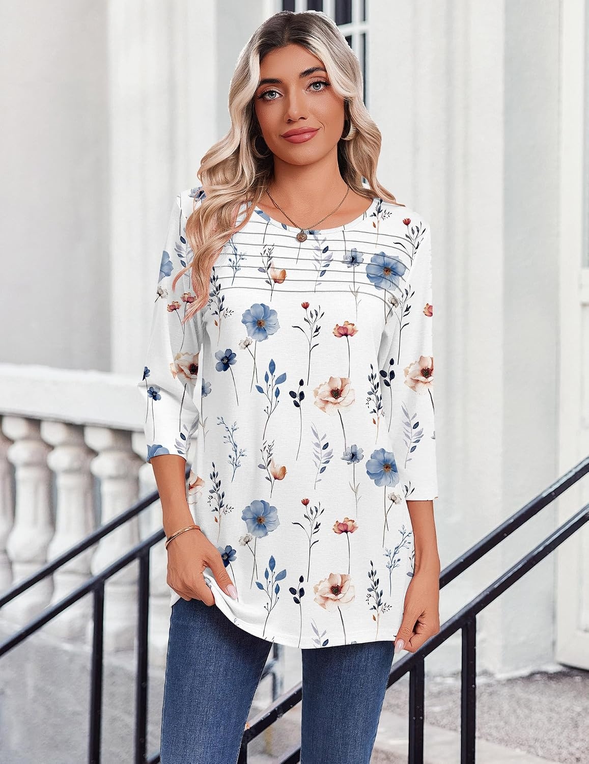 image:imageZeagoo Womens Tops 34 Sleeve Blouses Dressy Casual Shirt Pleated TunicFloral White 290