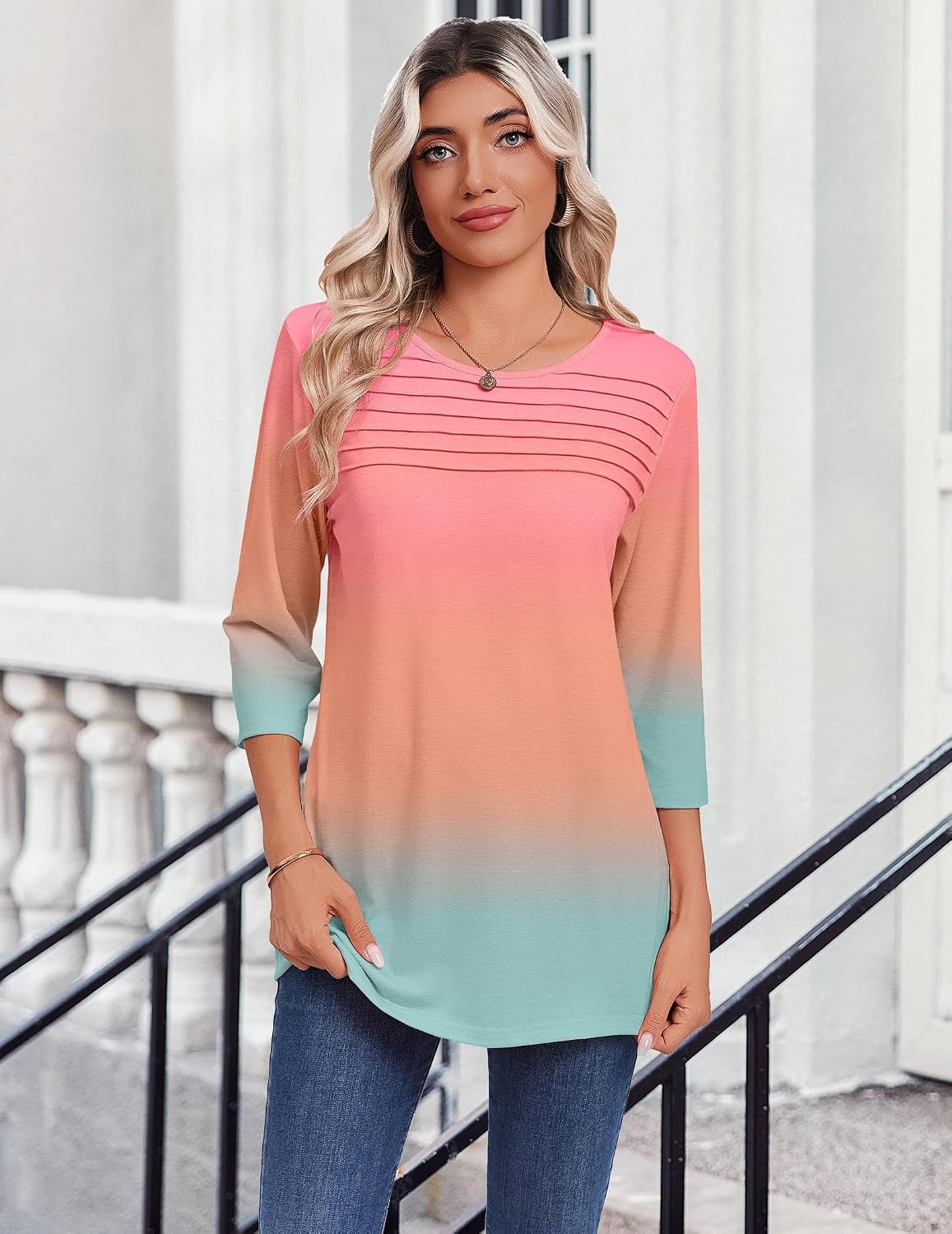 image:imageZeagoo Womens Tops 34 Sleeve Blouses Dressy Casual Shirt Pleated TunicGradient Blue Pink 218
