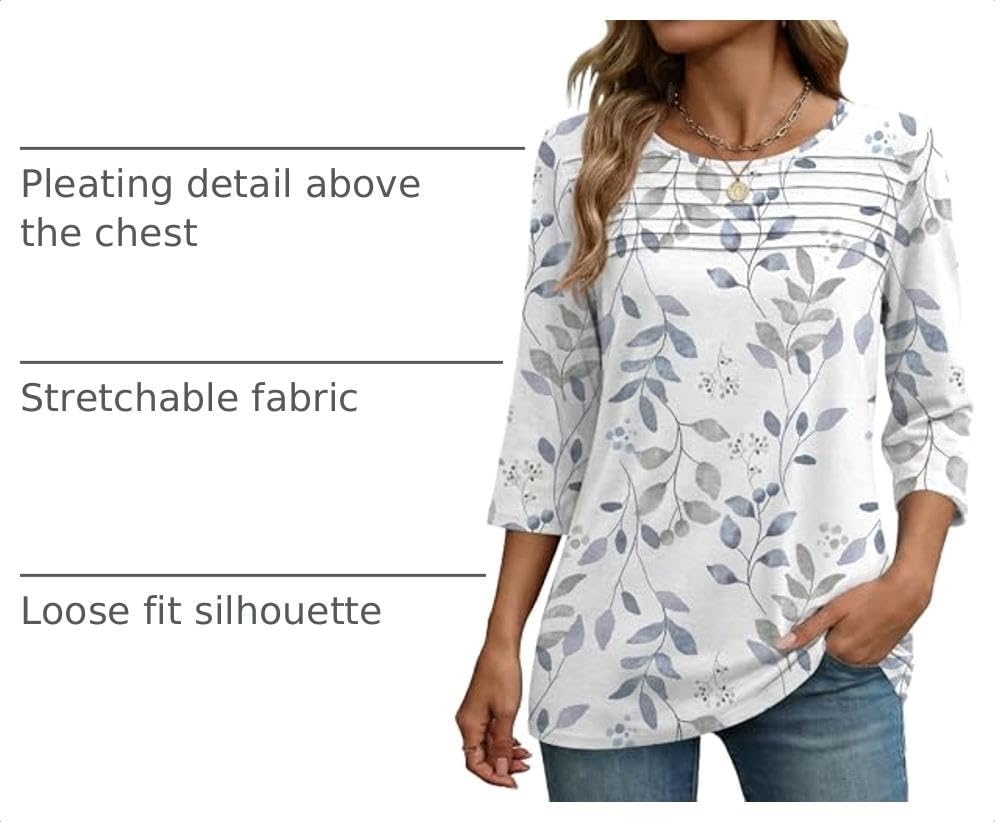 image:imageZeagoo Womens Tops 34 Sleeve Blouses Dressy Casual Shirt Pleated TunicLeaf White 113