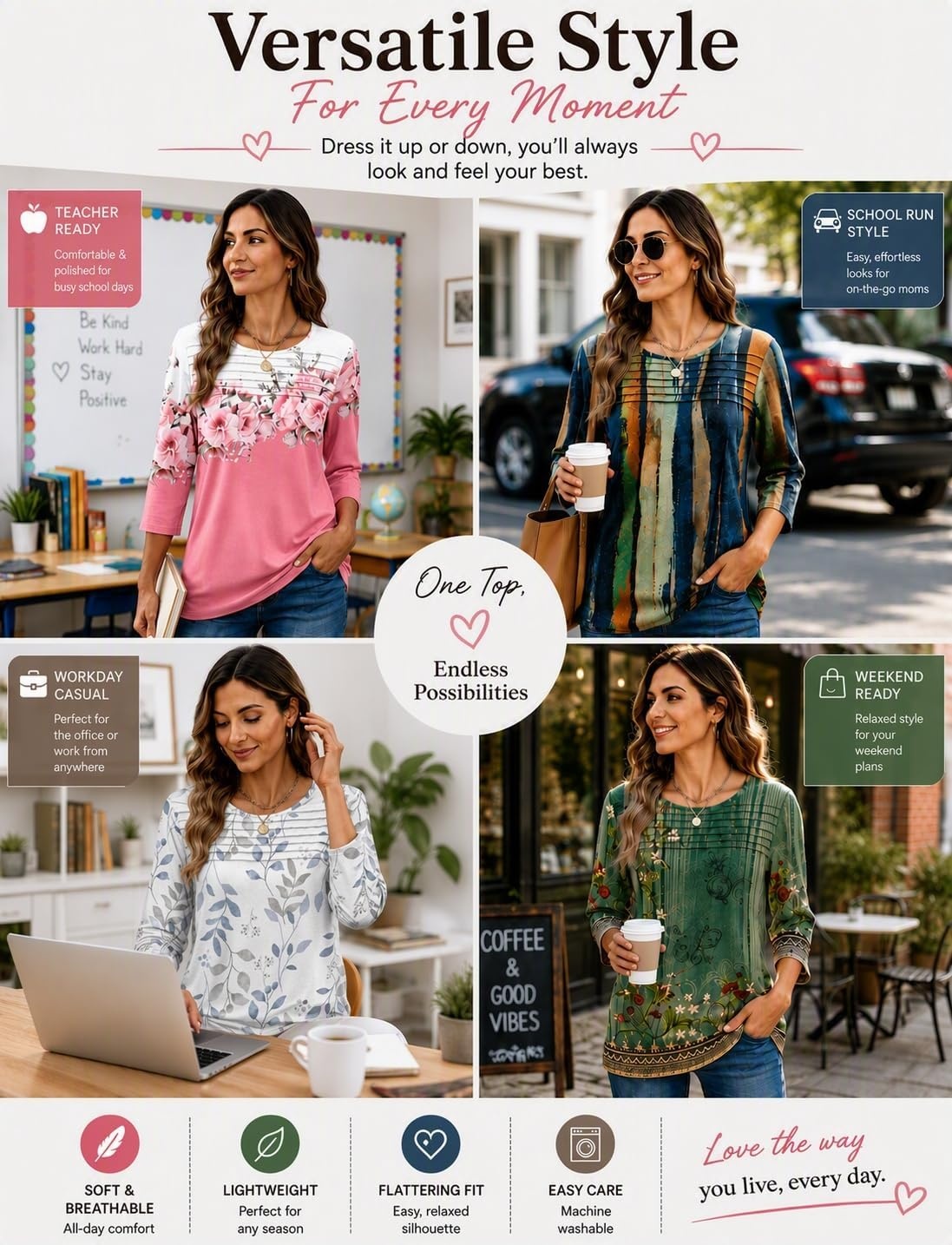 image:imageZeagoo Womens Tops 34 Sleeve Blouses Dressy Casual Shirt Pleated TunicLeaf White 113