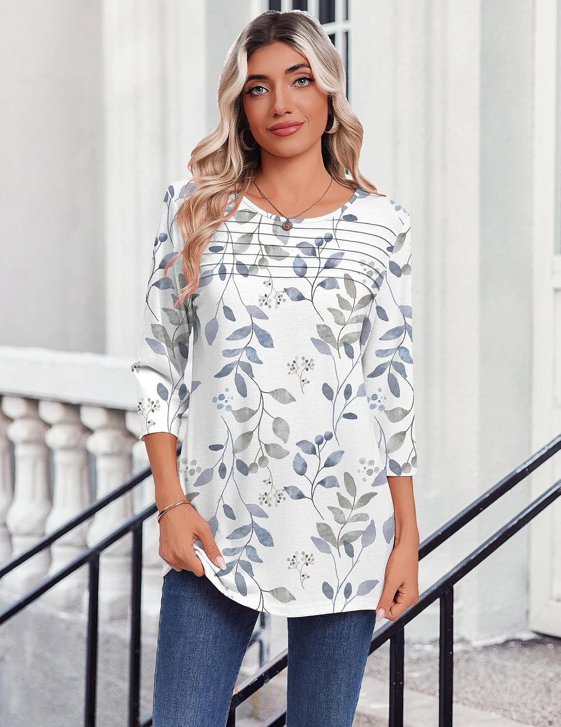image:imageZeagoo Womens Tops 34 Sleeve Blouses Dressy Casual Shirt Pleated TunicLeaf White 113