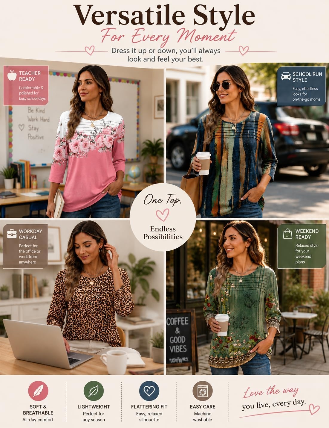 image:imageZeagoo Womens Tops 34 Sleeve Blouses Dressy Casual Shirt Pleated TunicLeopard Brown 136