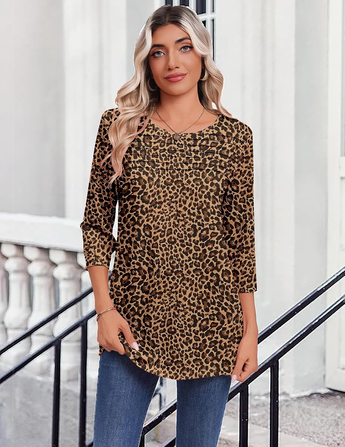 image:imageZeagoo Womens Tops 34 Sleeve Blouses Dressy Casual Shirt Pleated TunicLeopard Brown 136