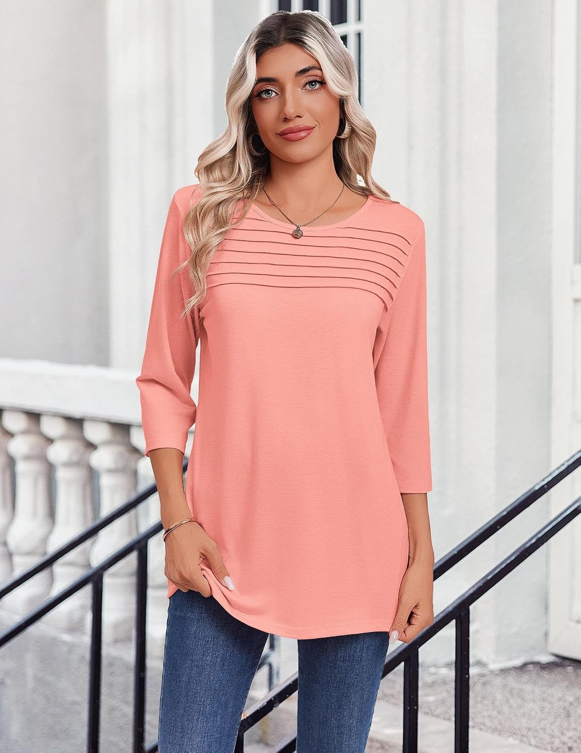 image:imageZeagoo Womens Tops 34 Sleeve Blouses Dressy Casual Shirt Pleated TunicPink