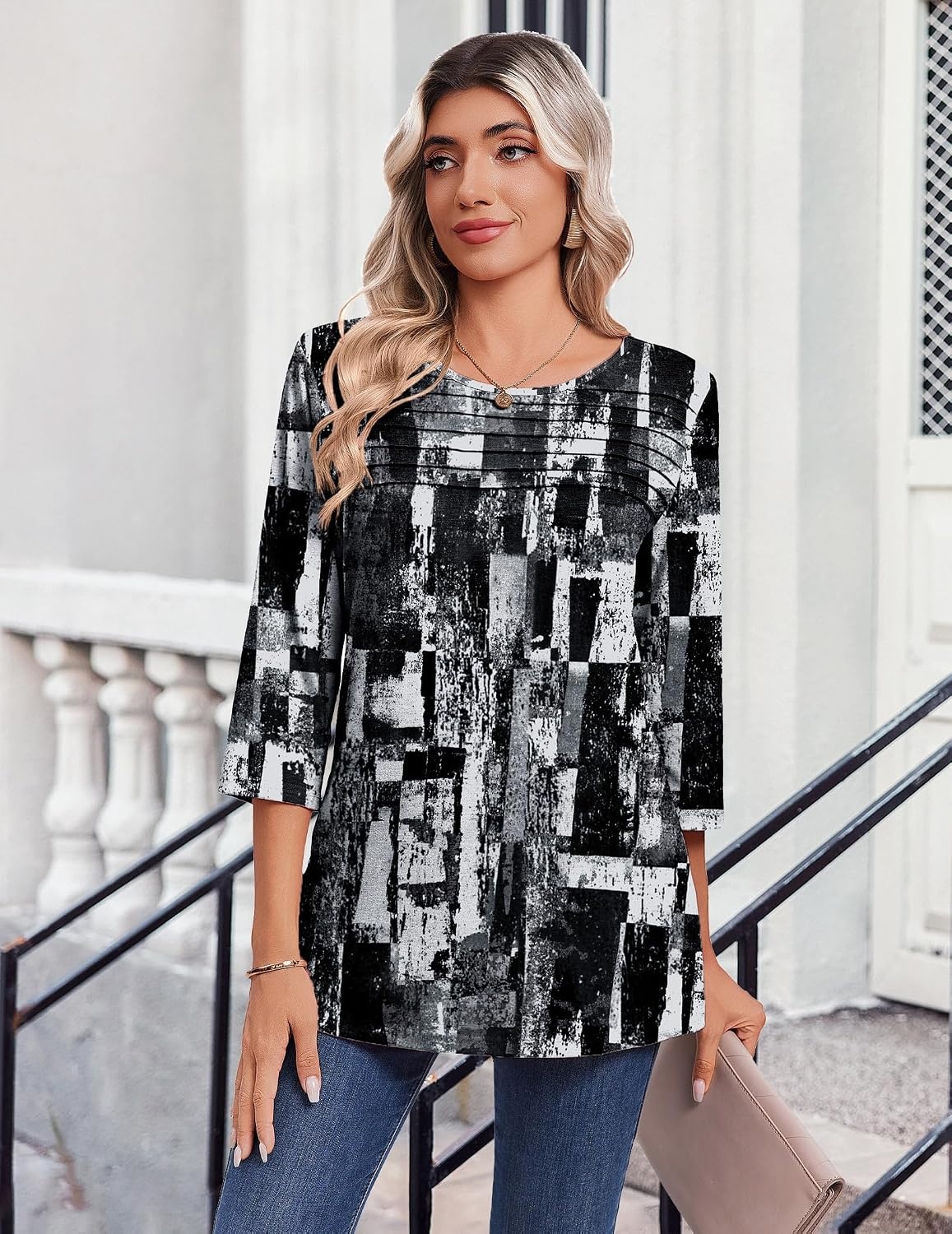 image:imageZeagoo Womens Tops 34 Sleeve Blouses Dressy Casual Shirt Pleated TunicPrinted Black White 332