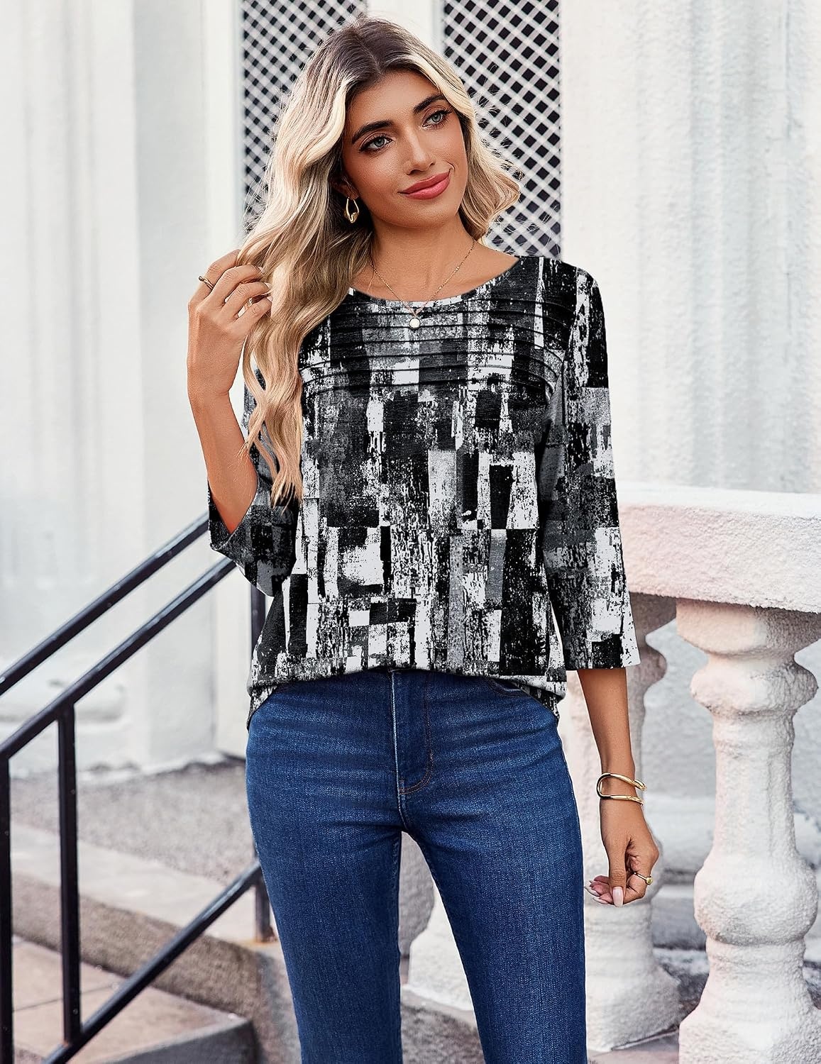 image:imageZeagoo Womens Tops 34 Sleeve Blouses Dressy Casual Shirt Pleated TunicPrinted Black White 332