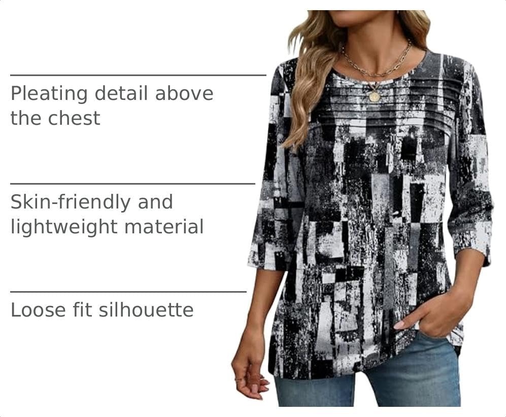 image:imageZeagoo Womens Tops 34 Sleeve Blouses Dressy Casual Shirt Pleated TunicPrinted Black White 332