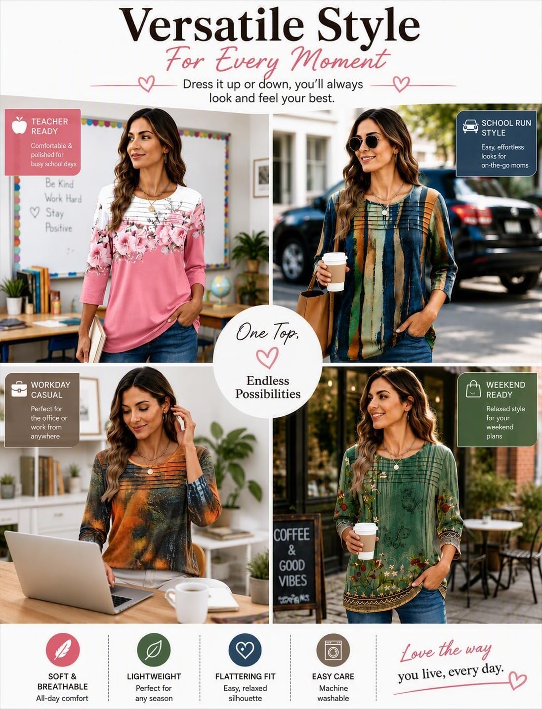 image:imageZeagoo Womens Tops 34 Sleeve Blouses Dressy Casual Shirt Pleated TunicPrinted Orange 272
