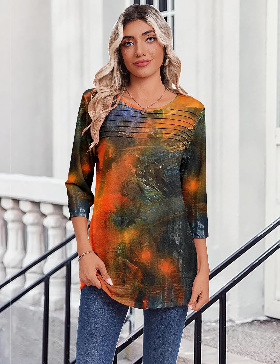 image:imageZeagoo Womens Tops 34 Sleeve Blouses Dressy Casual Shirt Pleated TunicPrinted Orange 272