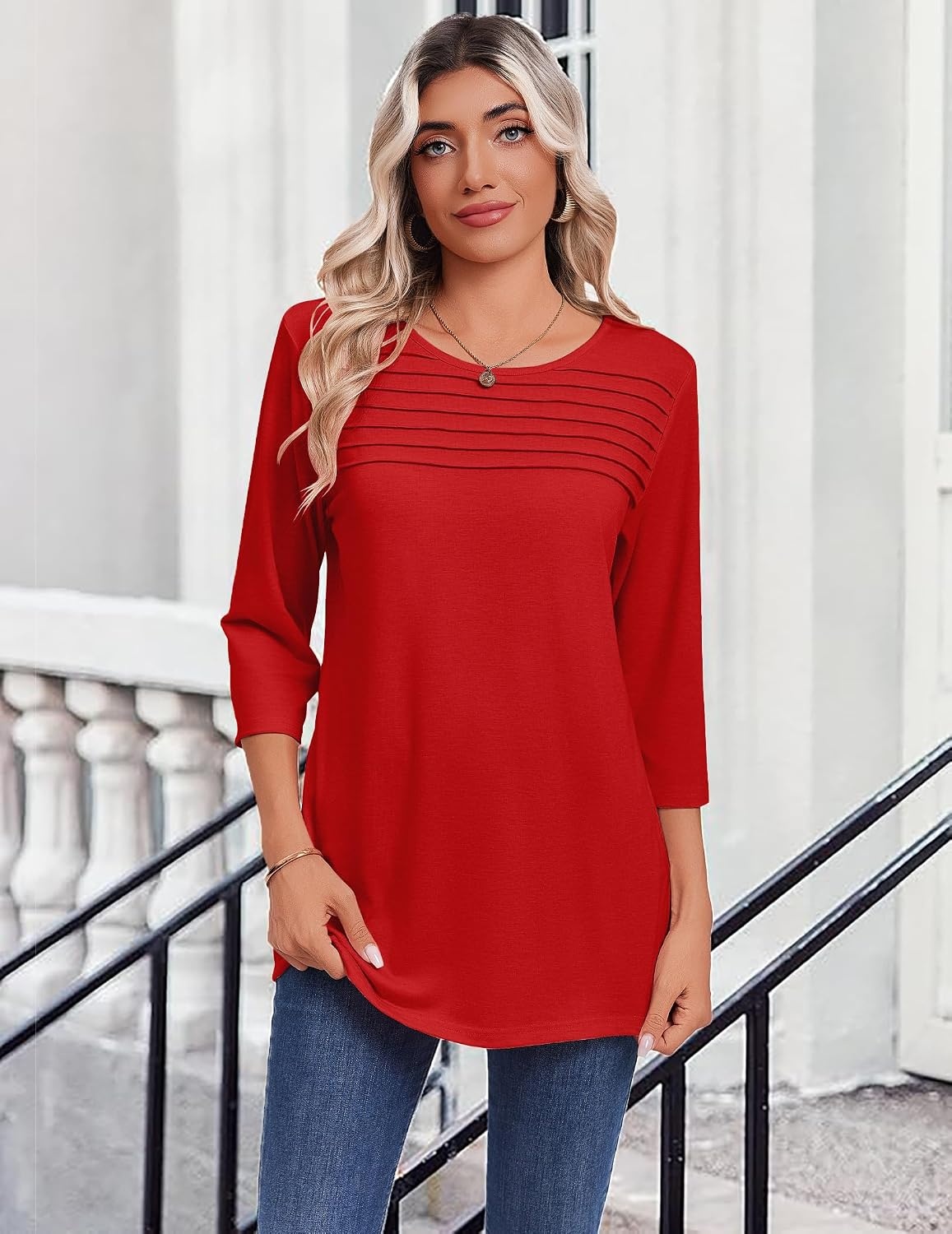 image:imageZeagoo Womens Tops 34 Sleeve Blouses Dressy Casual Shirt Pleated TunicRed