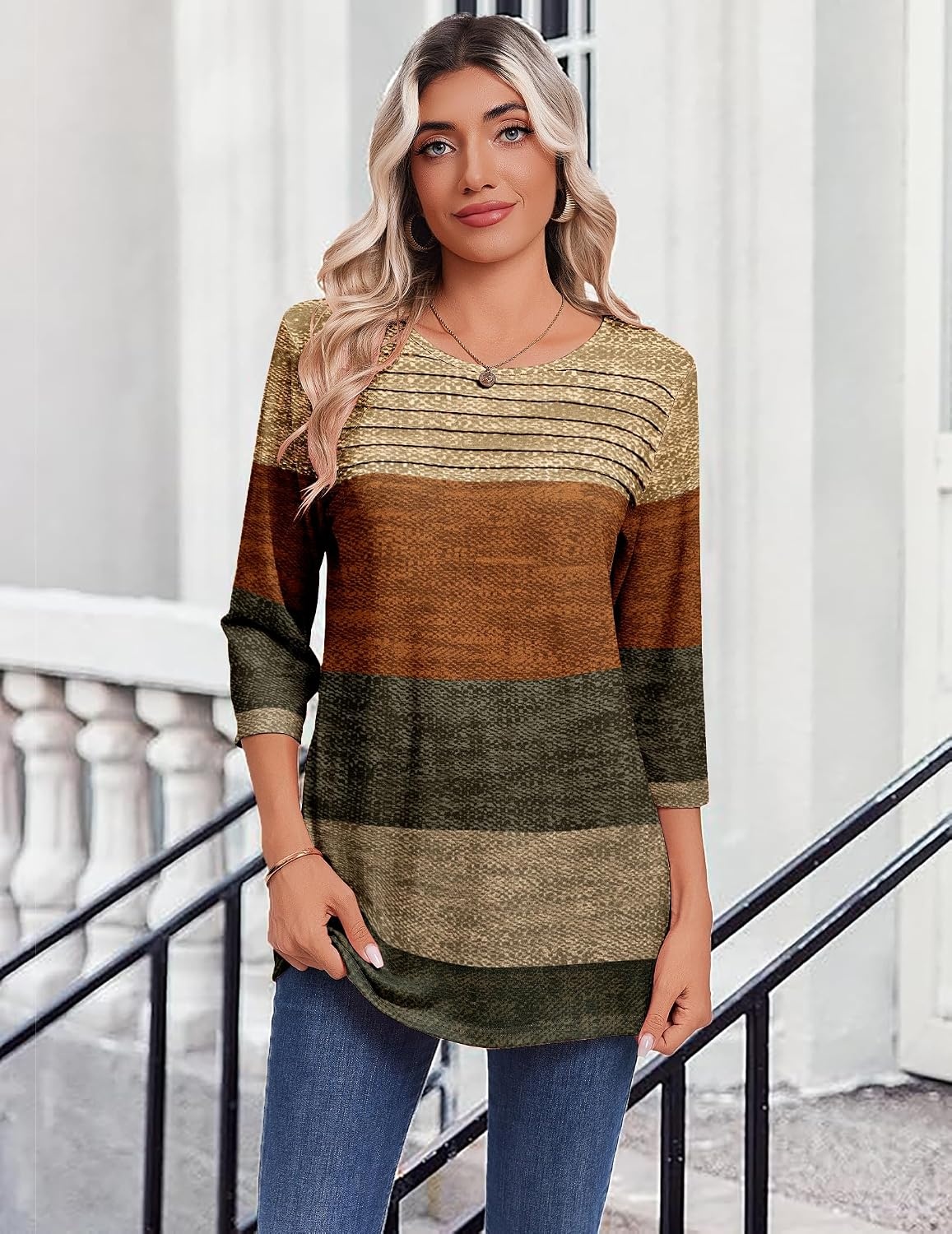 image:imageZeagoo Womens Tops 34 Sleeve Blouses Dressy Casual Shirt Pleated TunicStripes Brown 398