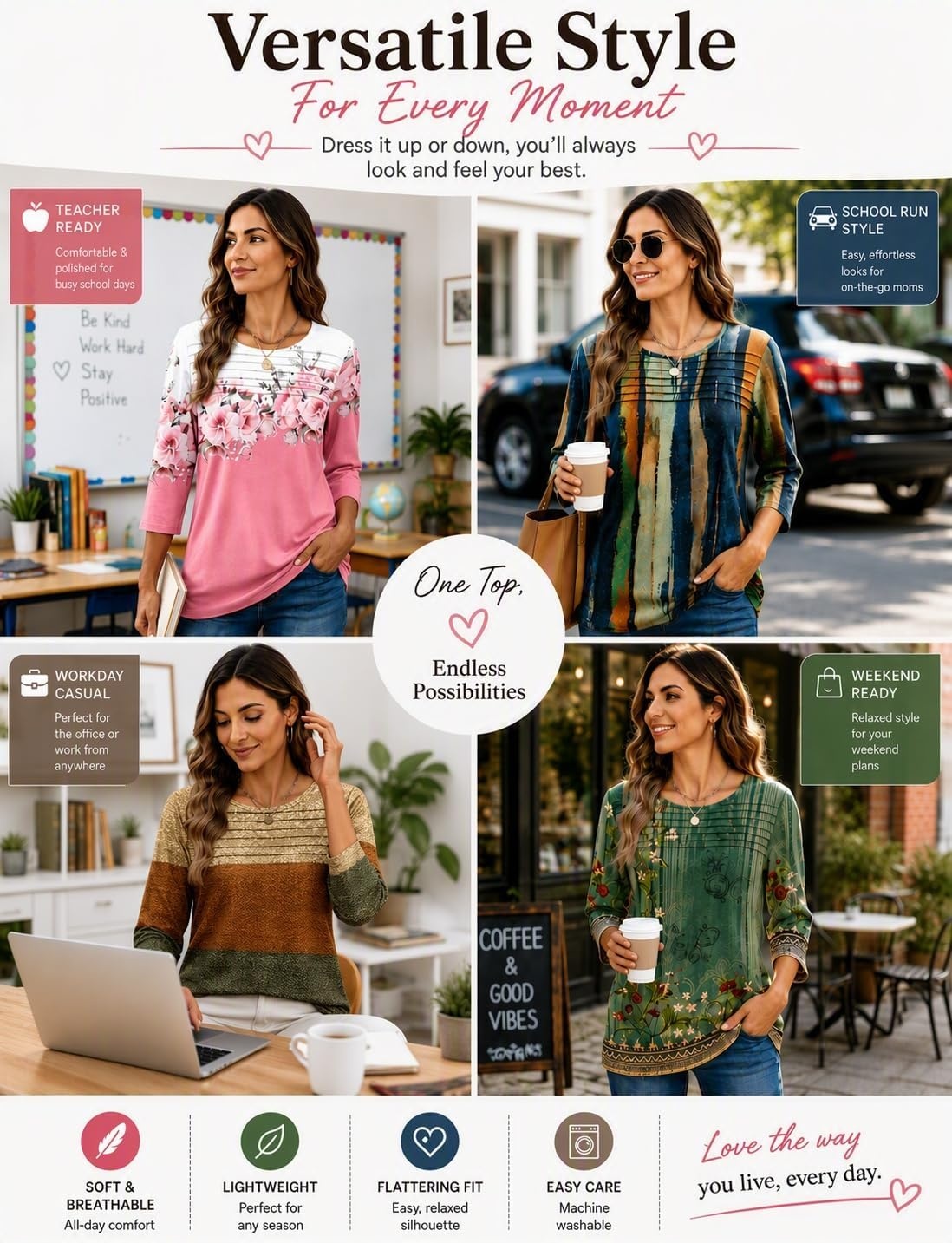 image:imageZeagoo Womens Tops 34 Sleeve Blouses Dressy Casual Shirt Pleated TunicStripes Brown 398