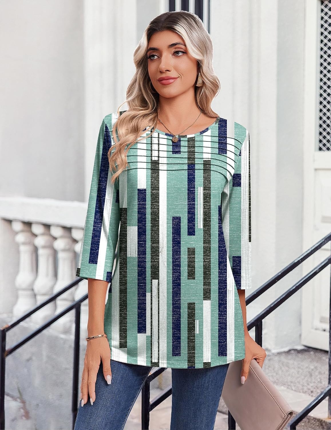 image:imageZeagoo Womens Tops 34 Sleeve Blouses Dressy Casual Shirt Pleated TunicStripes Green 530
