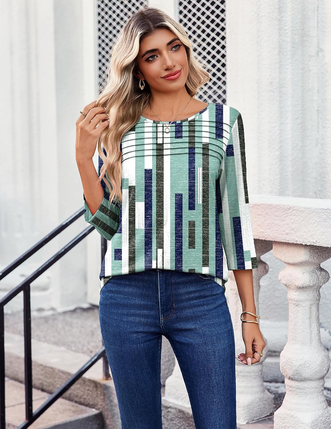 image:imageZeagoo Womens Tops 34 Sleeve Blouses Dressy Casual Shirt Pleated TunicStripes Green 530