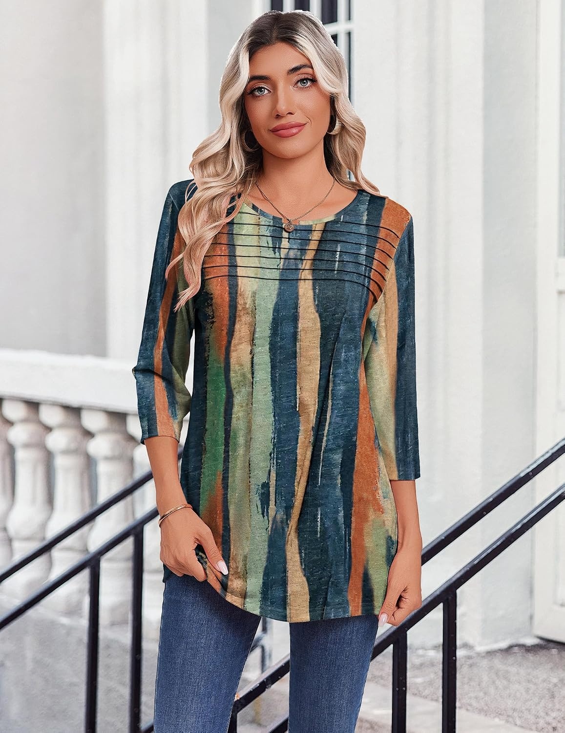 image:imageZeagoo Womens Tops 34 Sleeve Blouses Dressy Casual Shirt Pleated TunicStripes Multicolor 289