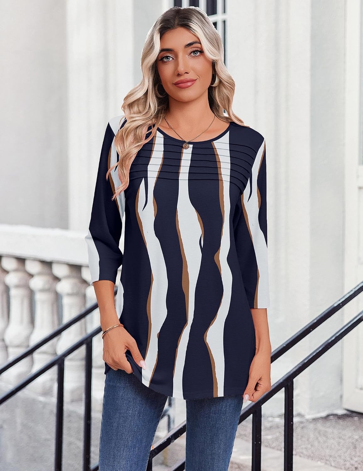 image:imageZeagoo Womens Tops 34 Sleeve Blouses Dressy Casual Shirt Pleated TunicStripes Navy White 327