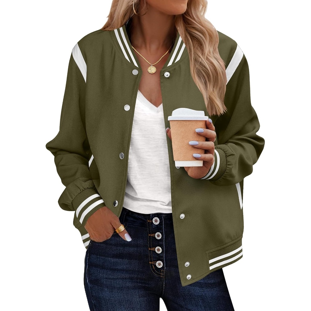 image:imageZeagoo Bomber Jacket Women Varsity Casual Button Down Outfits with PocketsArmy Green