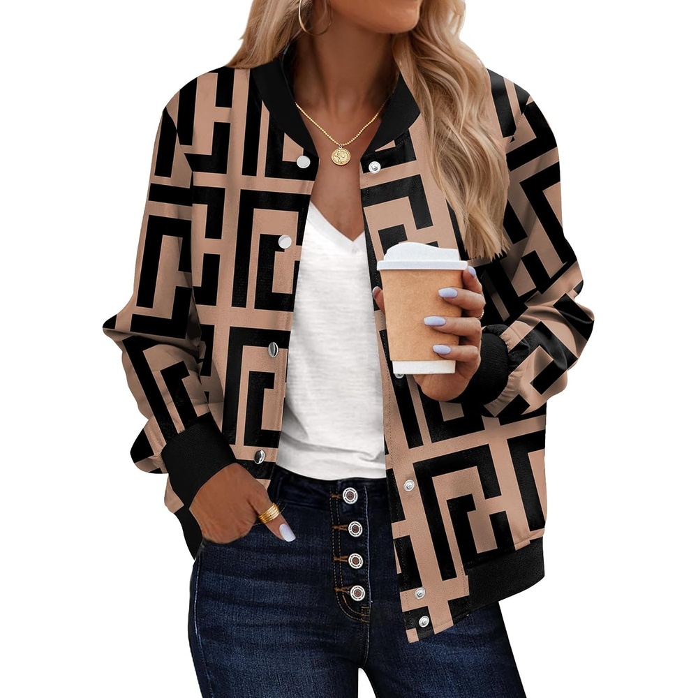 image:imageZeagoo Bomber Jacket Women Varsity Casual Button Down Outfits with PocketsGeometric