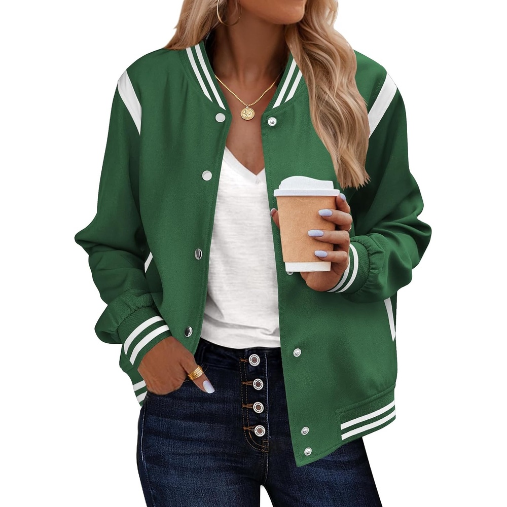image:imageZeagoo Bomber Jacket Women Varsity Casual Button Down Outfits with PocketsGreen