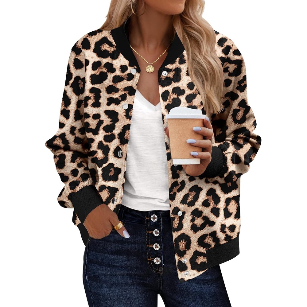 image:imageZeagoo Bomber Jacket Women Varsity Casual Button Down Outfits with PocketsLeopard