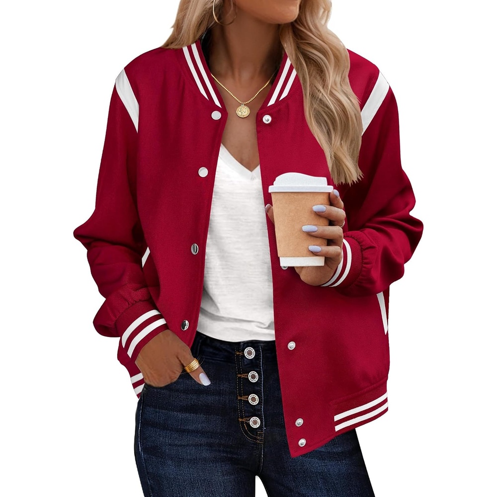 image:imageZeagoo Bomber Jacket Women Varsity Casual Button Down Outfits with PocketsRed