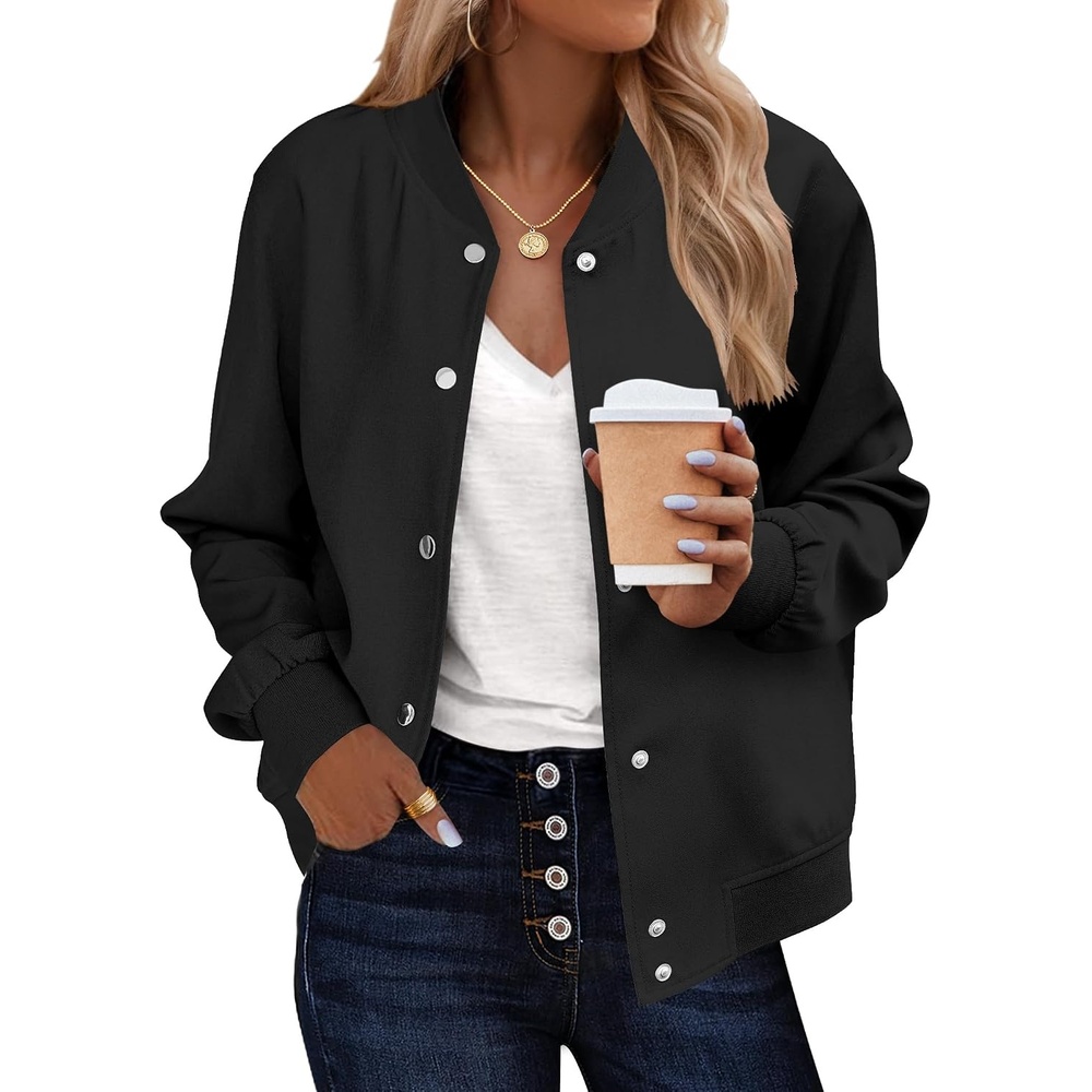 image:imageZeagoo Bomber Jacket Women Varsity Casual Button Down Outfits with PocketsSolid Black