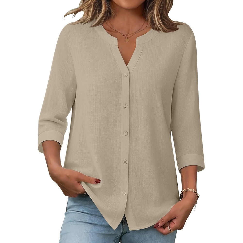 image:imageZeagoo Button Down Shirts for Women 34 Sleeve Linen Cotton Top Work BlouseApricot