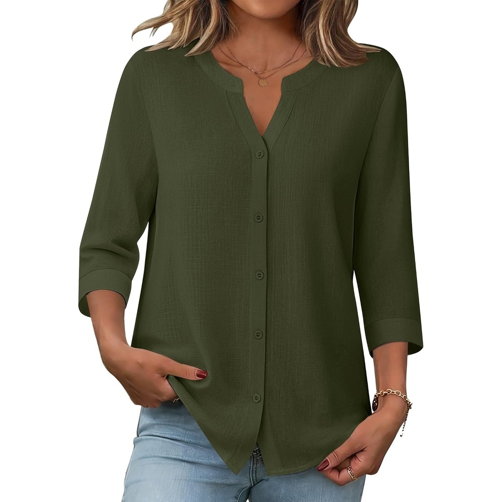 image:imageZeagoo Button Down Shirts for Women 34 Sleeve Linen Cotton Top Work BlouseArmy Green