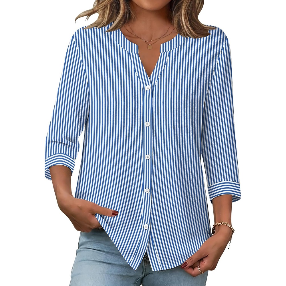 image:imageZeagoo Button Down Shirts for Women 34 Sleeve Linen Cotton Top Work BlouseBlue Stripessa1
