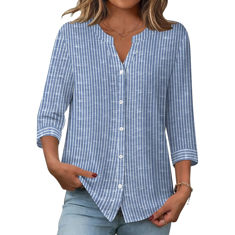 image:imageZeagoo Button Down Shirts for Women 34 Sleeve Linen Cotton Top Work BlouseStripestz273