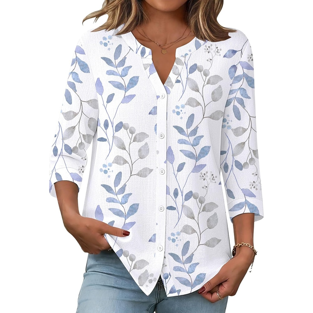 image:imageZeagoo Button Down Shirts for Women 34 Sleeve Linen Cotton Top Work BlouseWhite Leafsp106