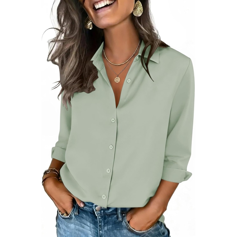 image:imageZeagoo Button Down Shirts for Women 34 Sleeve Tops V Neck Collared Blouses Business Casual OutfitsLight Green