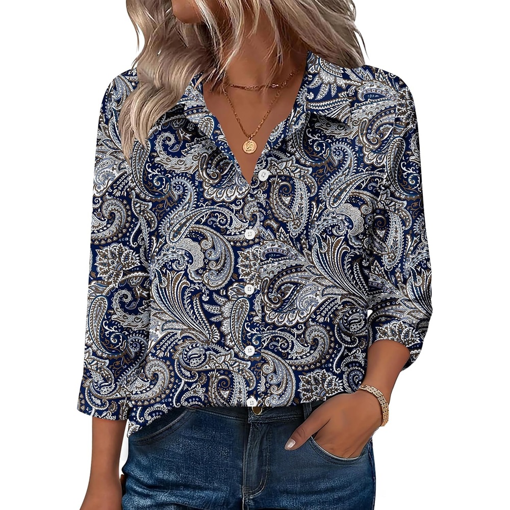 image:imageZeagoo Button Down Shirts for Women 34 Sleeve Tops V Neck Collared Blouses Business Casual OutfitsMz473