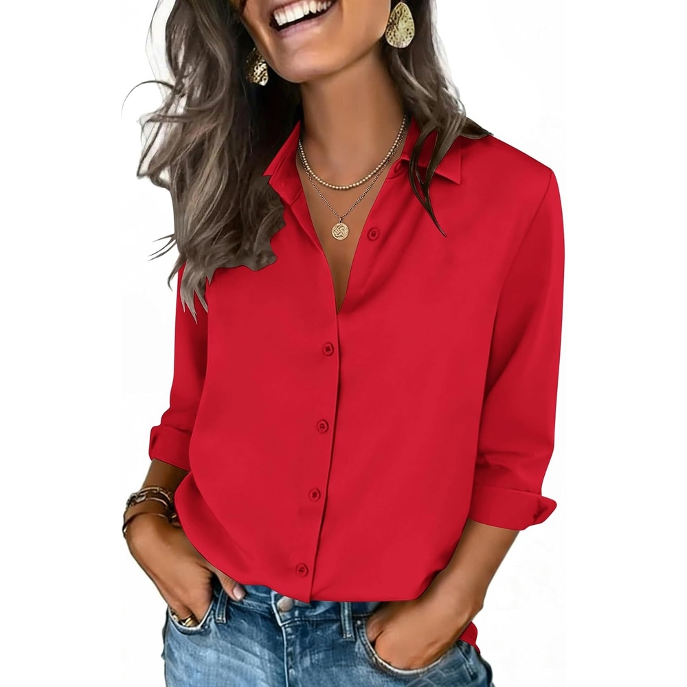 image:imageZeagoo Button Down Shirts for Women 34 Sleeve Tops V Neck Collared Blouses Business Casual OutfitsRed