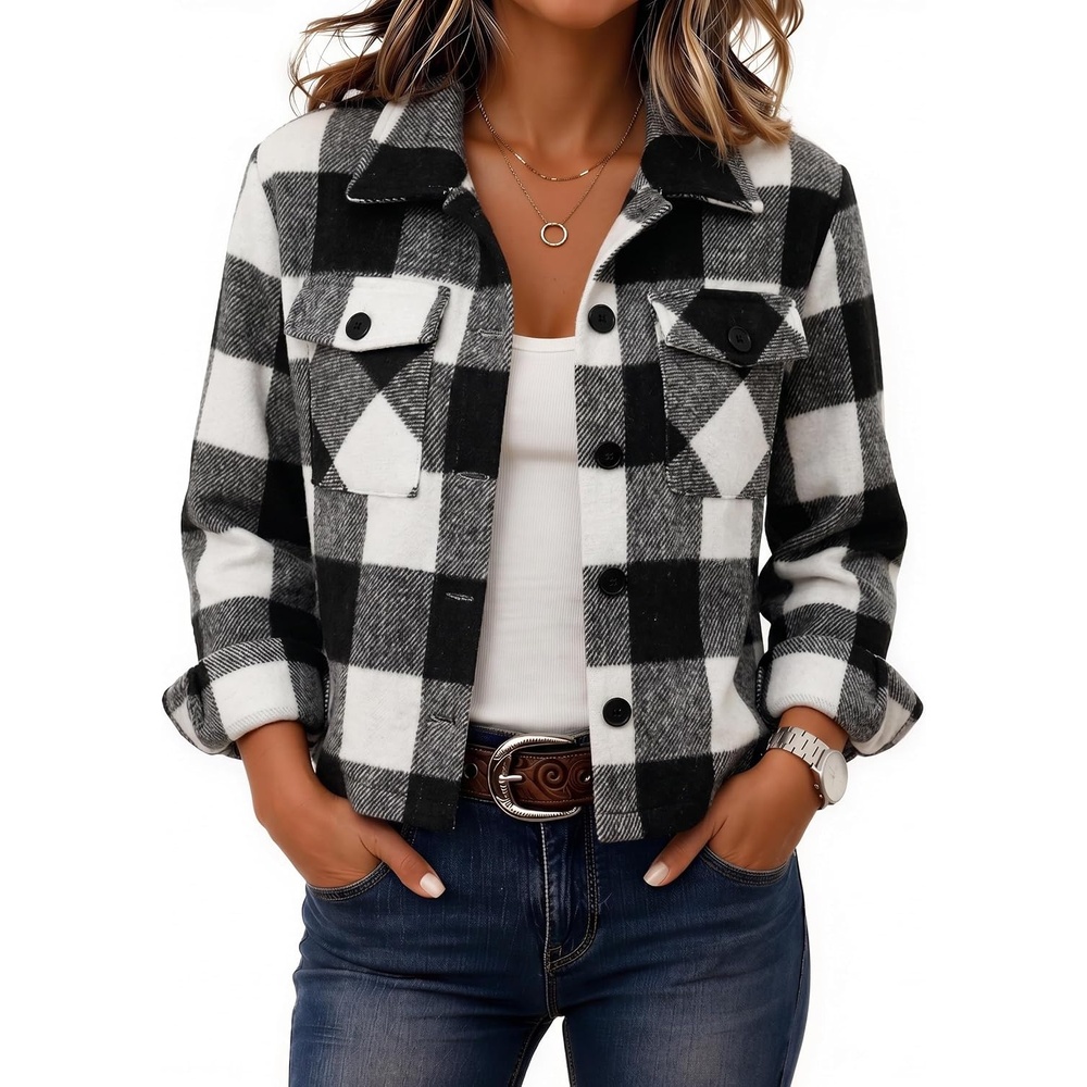 image:imageZeagoo Flannels for Women Cropped Shacket Jacket Fashion Plaid Fall CoatZgw178