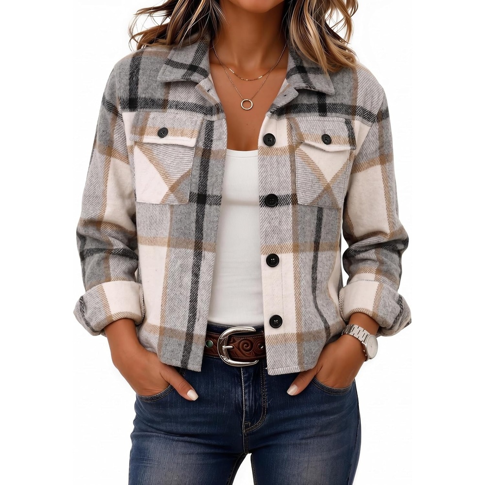 image:imageZeagoo Flannels for Women Cropped Shacket Jacket Fashion Plaid Fall CoatZgz549