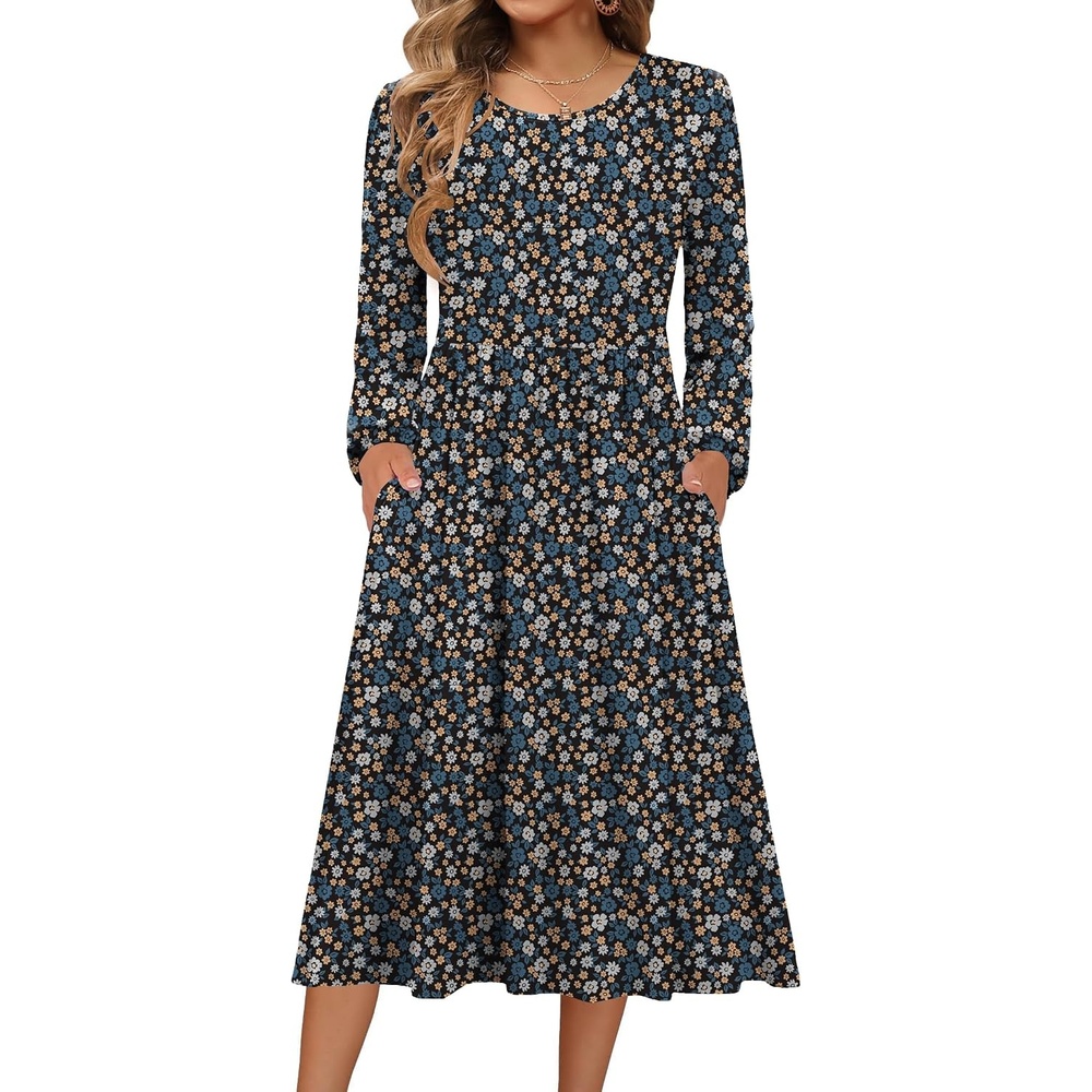 image:imageZeagoo Long Sleeve Dresses for Women 2026 Fall Winter Casual Flowy ALine Boho Midi Party Long Dress with PocketsBlue Black Small Floral