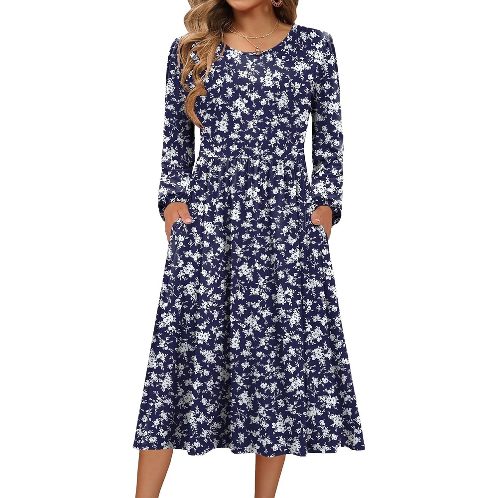 image:imageZeagoo Long Sleeve Dresses for Women 2026 Fall Winter Casual Flowy ALine Boho Midi Party Long Dress with PocketsBlue Sprigs