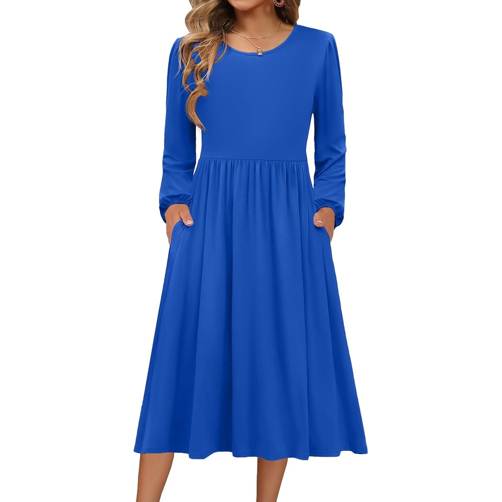 image:imageZeagoo Long Sleeve Dresses for Women 2026 Fall Winter Casual Flowy ALine Boho Midi Party Long Dress with PocketsNavy