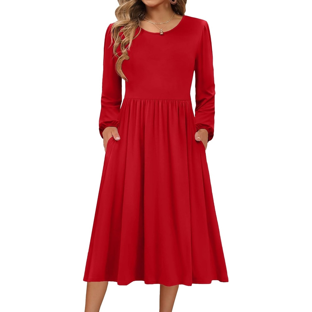 image:imageZeagoo Long Sleeve Dresses for Women 2026 Fall Winter Casual Flowy ALine Boho Midi Party Long Dress with PocketsRed