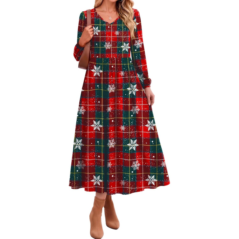 image:imageZeagoo Long Sleeve Midi Dress with Pockets Fall V Neck ALine Casual WomenChristmas Print