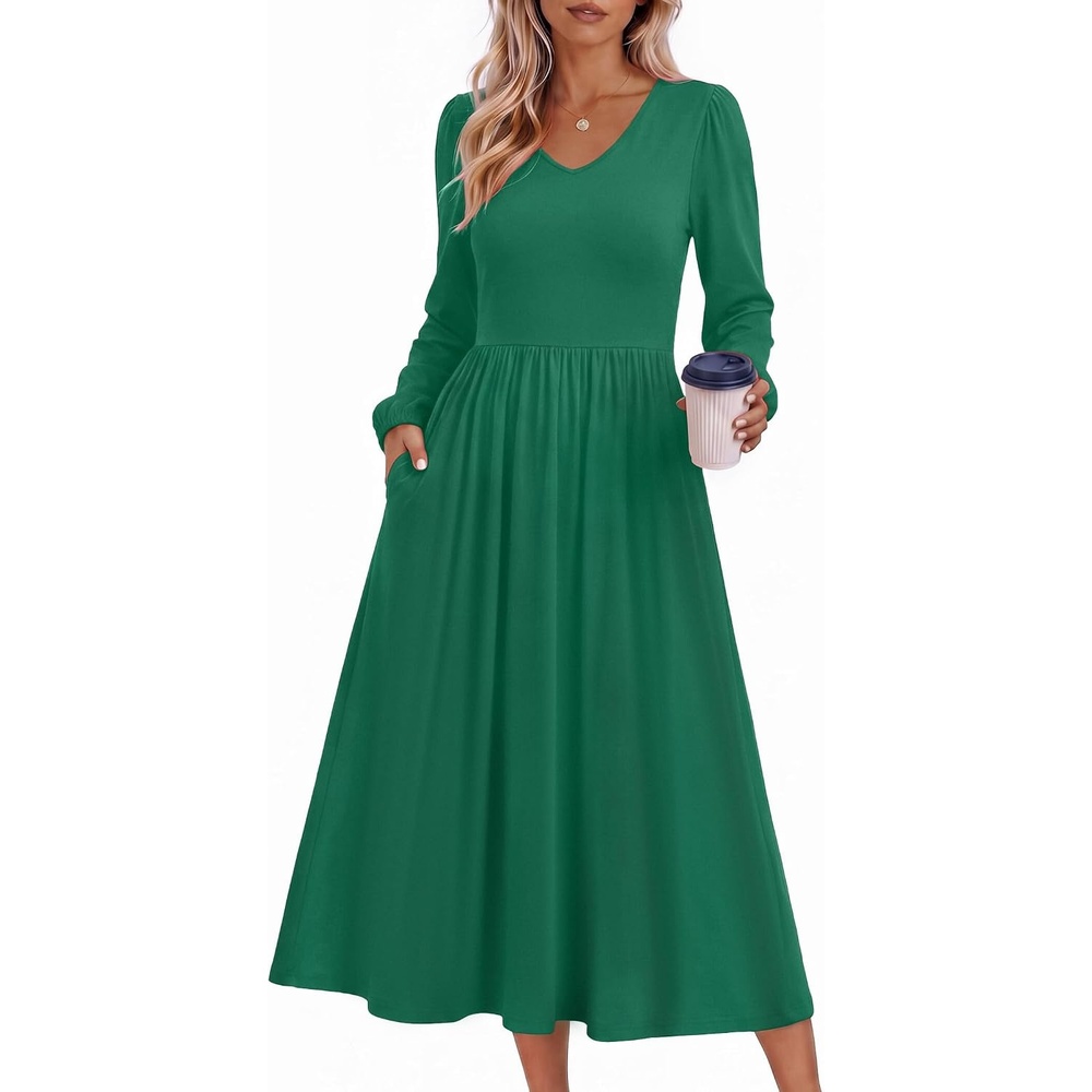 image:imageZeagoo Long Sleeve Midi Dress with Pockets Fall V Neck ALine Casual WomenDark Green